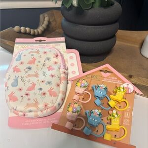 Floral Bunny Bottle Pouch with Pastel Flower and Silicone Straw Holders